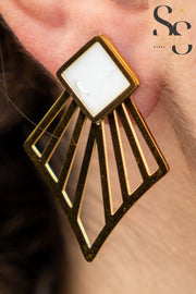Art Deco Geometric Fan Earrings – White Shell