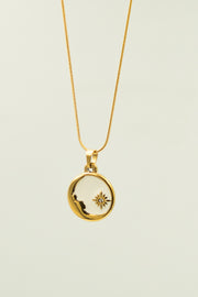 Crescent and Star Necklace with Circular Frame and White Enamel