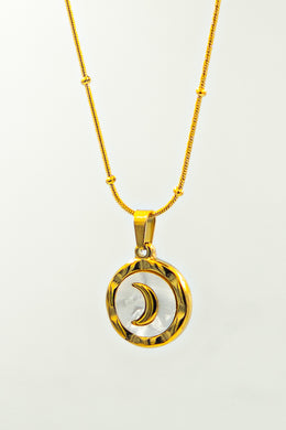 Crescent Necklace with Circular Frame and White Shell